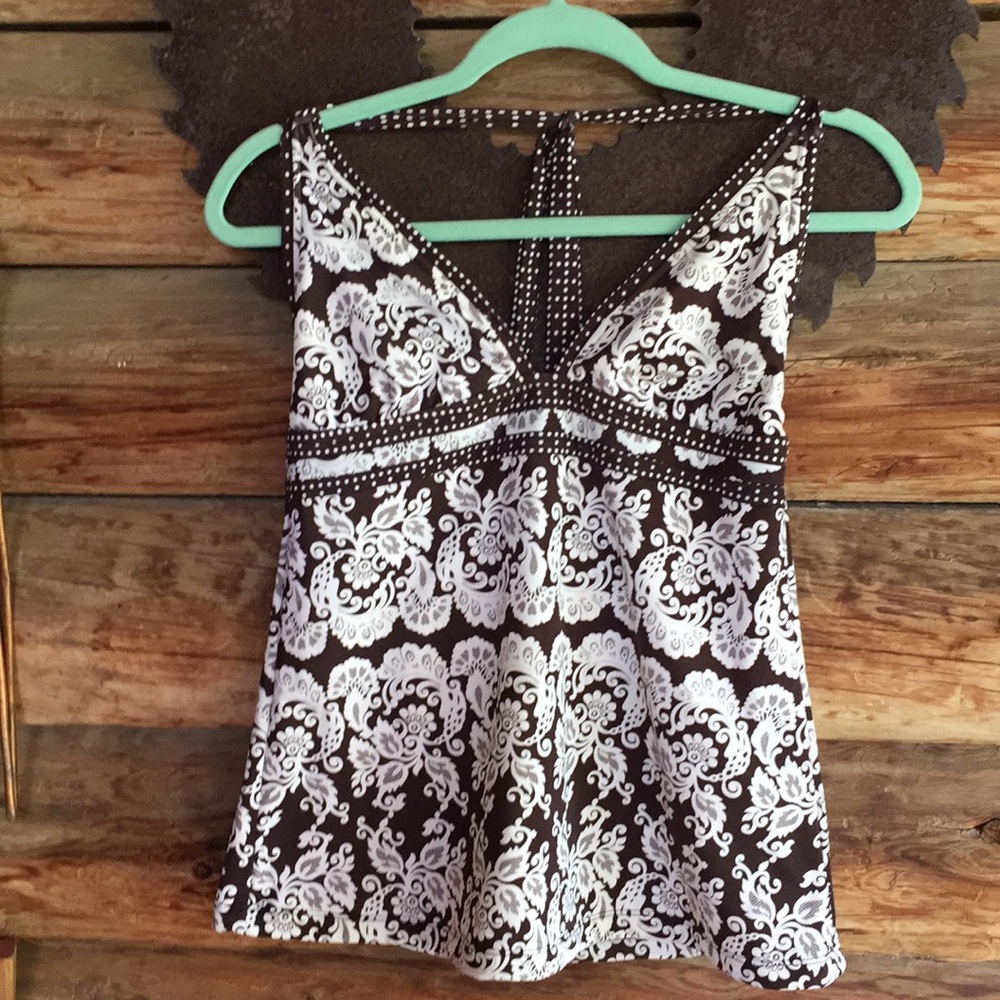 Black & White Printed Swim Tankini Top - Elegant V-Neck